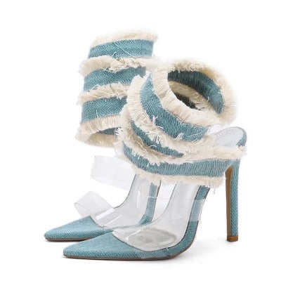 Ankle wrap around denim heels