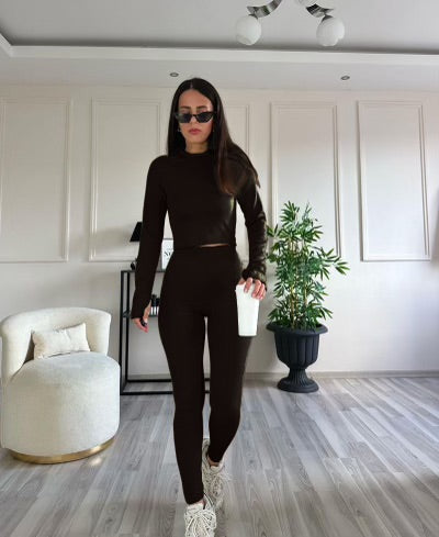 Solid color long sleeve 2 piece pants set