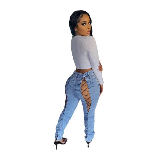 Laced denim jeans