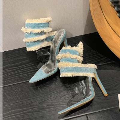 Ankle wrap around denim heels